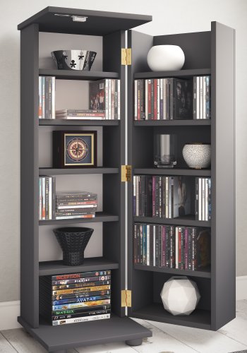 VCM NORDIC Engalo L bokhylla fr CD- och DVD-skivor, med ls, 1 drr och 10 hyllplan - antracitgrtt tr