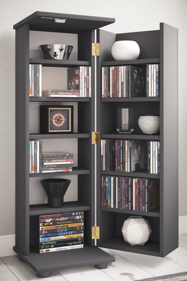 VCM NORDIC Engalo L bokhylla fr CD- och DVD-skivor, med ls, 1 drr och 10 hyllplan - antracitgrtt tr