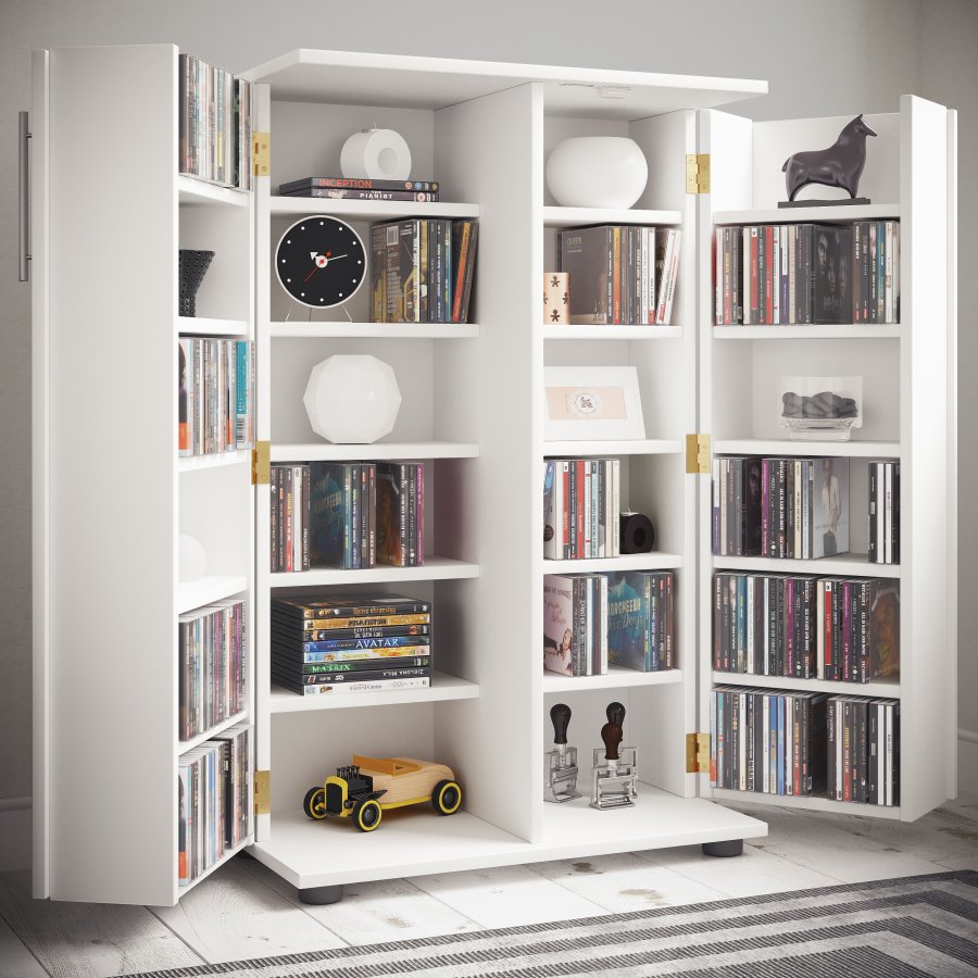 VCM NORDIC Engalo XL hylle for CDer og DVDer, m. ls, 2 drer og 20 hyller - hvitt tre