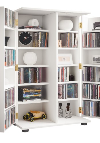 VCM NORDIC Engalo XL hylle for CDer og DVDer, m. ls, 2 drer og 20 hyller - hvitt tre