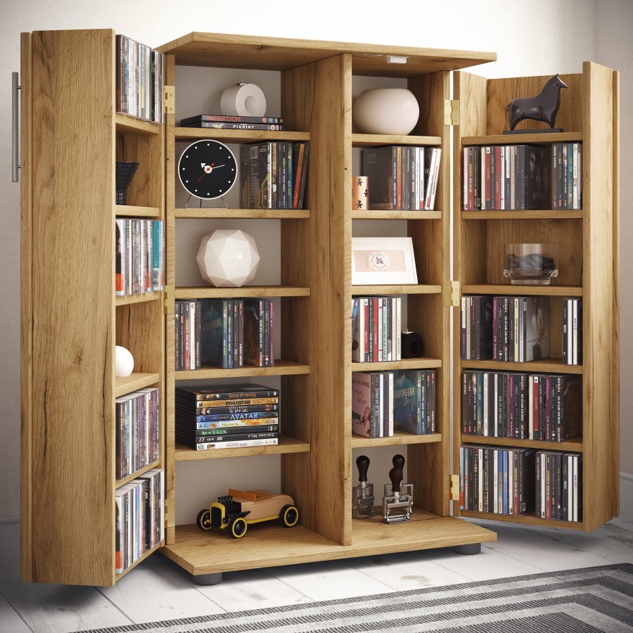 VCM NORDIC Engalo XL hylle for CDer og DVDer, m. ls, 2 drer og 20 hyller - naturtre