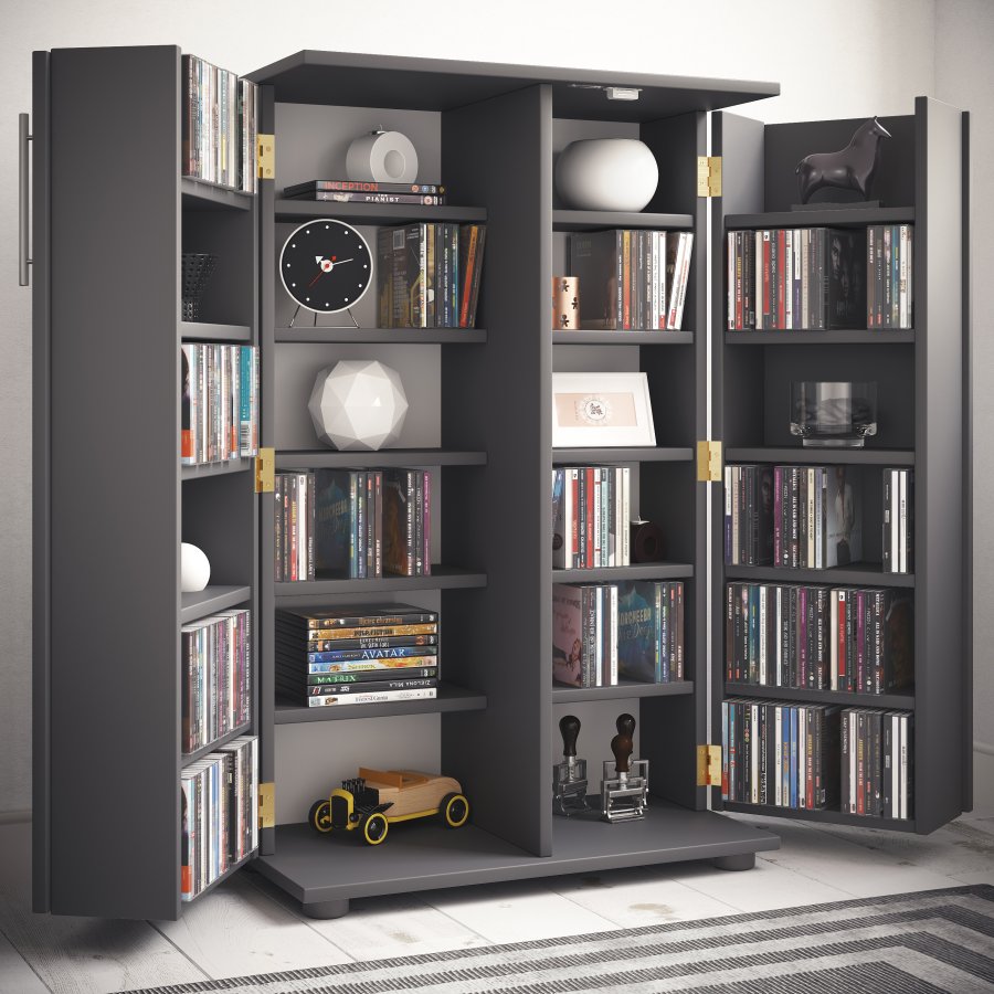 VCM NORDIC Engalo XL hylle for CDer og DVDer, m. ls, 2 drer og 20 hyller - antrasittgrtt tre