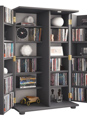 VCM NORDIC Engalo XL hylle for CDer og DVDer, m. ls, 2 drer og 20 hyller - antrasittgrtt tre