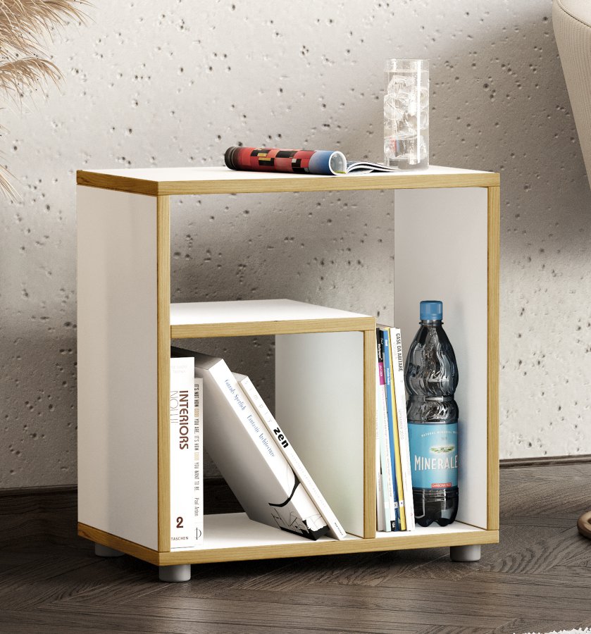 VCM NORDIC Zeito Beistelltisch, m. 2 Fächern - weiß/naturholz (50x30)