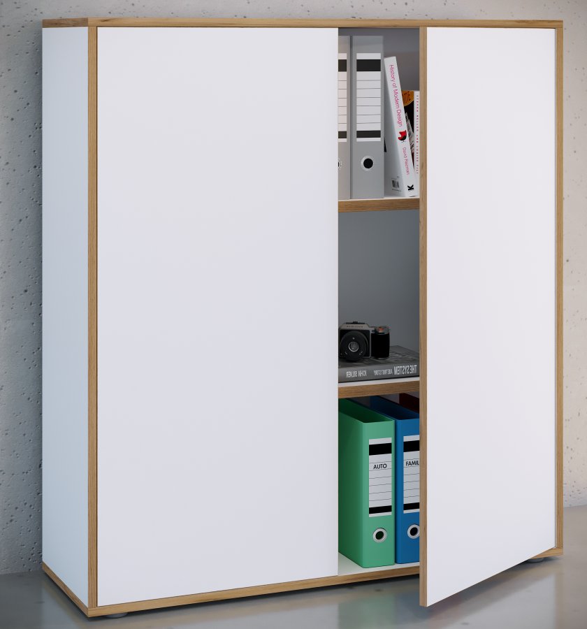 VCM NORDIC Salia B100 Büroregal, mit 2 Türen und 2 verstellbaren Böden - Weiß und Naturholz