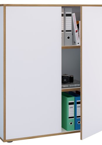 VCM NORDIC Salia B100 Büroregal, mit 2 Türen und 2 verstellbaren Böden - Weiß und Naturholz