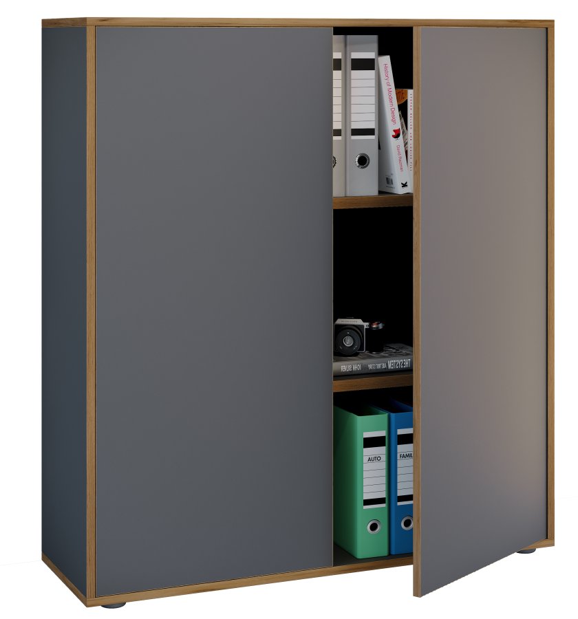 VCM NORDIC Salia B100 Büroregal mit 2 Türen und 2 verstellbaren Einlegeböden – Anthrazitgrau und Naturholz