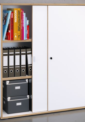 VCM NORDIC Salia B100 Büroregal, mit 2 Schiebetüren, Schloss und 2 verstellbaren Böden - Weiß und Naturholz