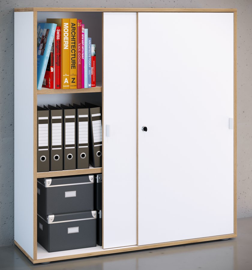 VCM NORDIC Salia B100 Büroregal, mit 2 Schiebetüren, Schloss und 2 verstellbaren Böden - Weiß und Naturholz