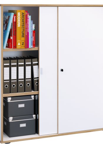 VCM NORDIC Salia B100 Büroregal, mit 2 Schiebetüren, Schloss und 2 verstellbaren Böden - Weiß und Naturholz
