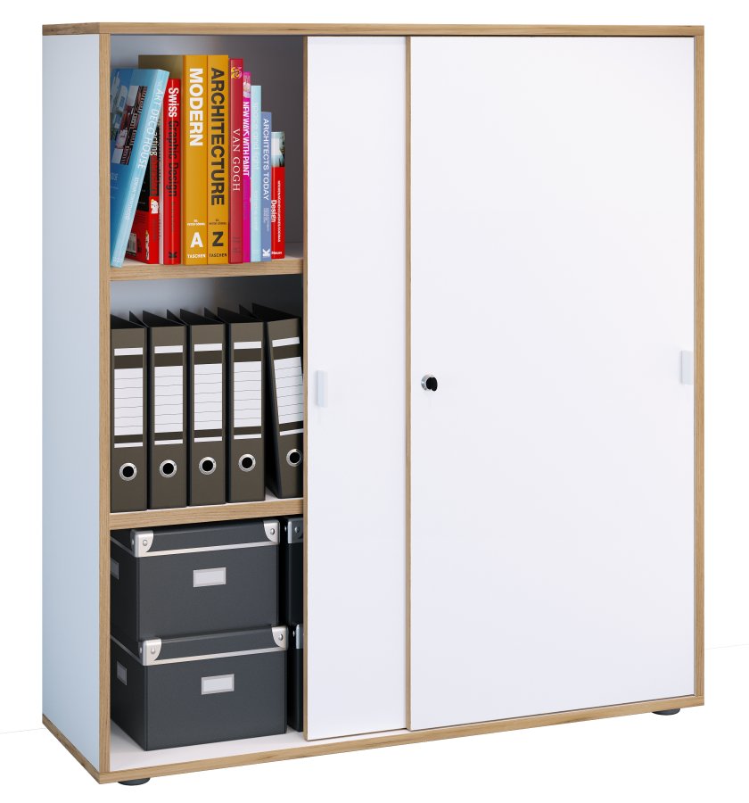 VCM NORDIC Salia B100 Büroregal, mit 2 Schiebetüren, Schloss und 2 verstellbaren Böden - Weiß und Naturholz
