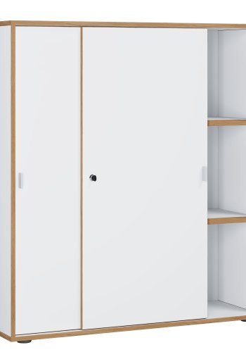 VCM NORDIC Salia B100 Büroregal, mit 2 Schiebetüren, Schloss und 2 verstellbaren Böden - Weiß und Naturholz