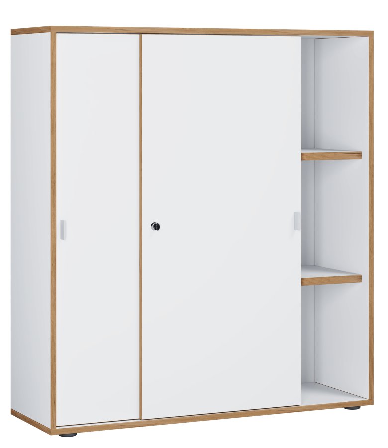 VCM NORDIC Salia B100 Büroregal, mit 2 Schiebetüren, Schloss und 2 verstellbaren Böden - Weiß und Naturholz