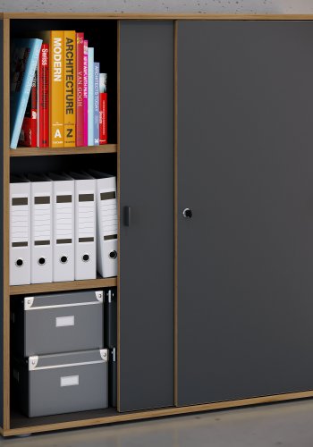 VCM NORDIC Salia B100 Büroregal, mit 2 Schiebetüren, Schloss, 2 verstellbaren Böden - Anthrazitgrau/Naturholz