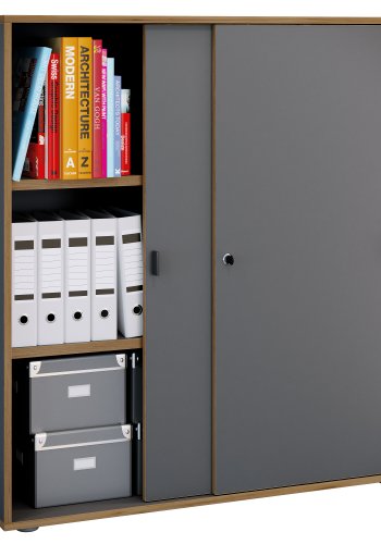 VCM NORDIC Salia B100 Büroregal, mit 2 Schiebetüren, Schloss, 2 verstellbaren Böden - Anthrazitgrau/Naturholz