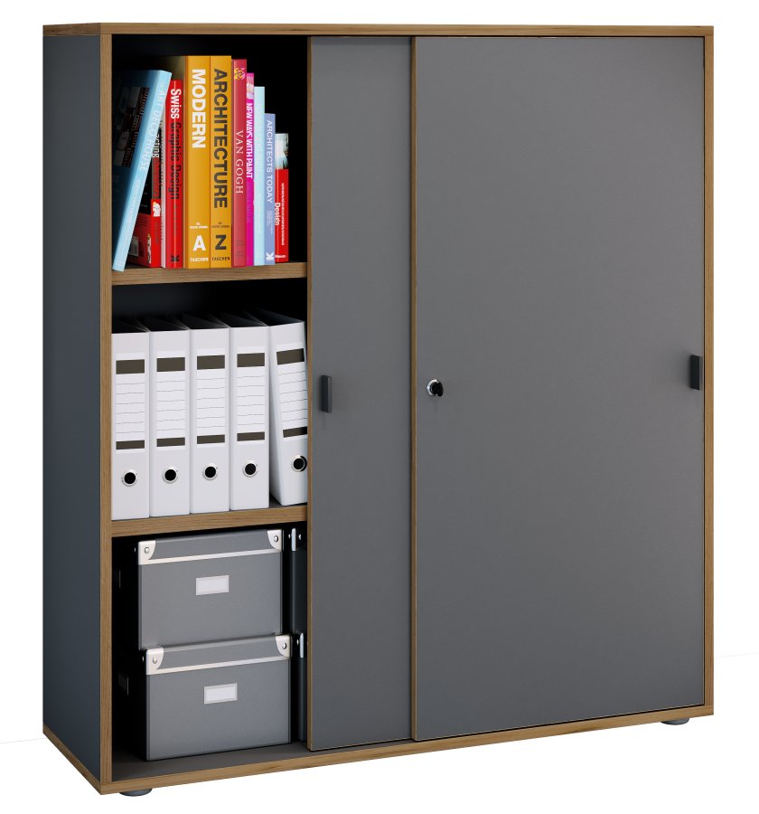 VCM NORDIC Salia B100 Büroregal, mit 2 Schiebetüren, Schloss, 2 verstellbaren Böden - Anthrazitgrau/Naturholz