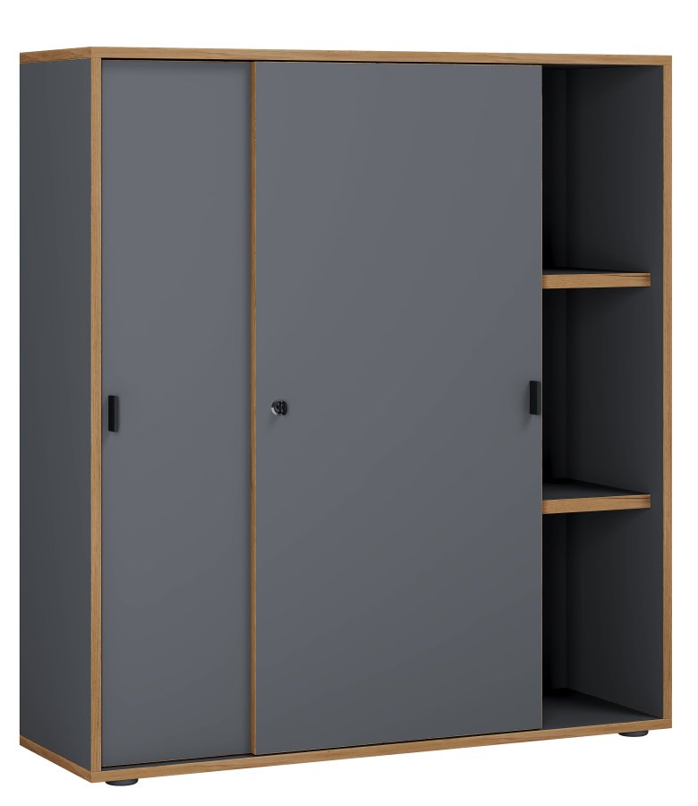 VCM NORDIC Salia B100 Büroregal, mit 2 Schiebetüren, Schloss, 2 verstellbaren Böden - Anthrazitgrau/Naturholz