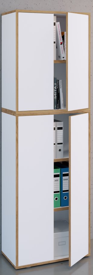 VCM NORDIC Salia B60 Büroregal, mit 4 Türen und 3 verstellbaren Böden - Weiß und Naturholz