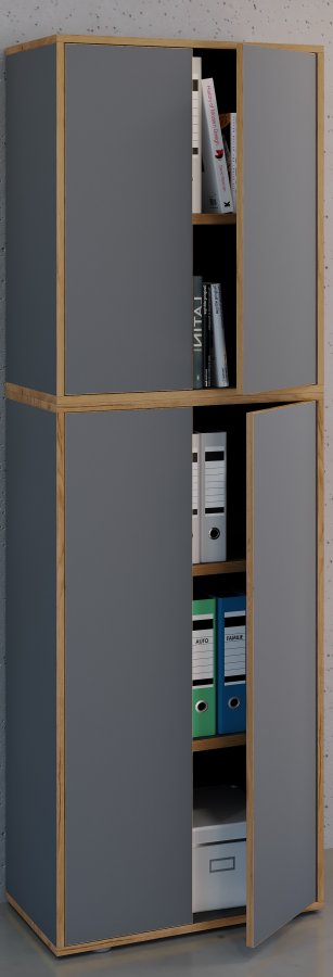VCM NORDIC Salia B60 Büroregal mit 4 Türen und 3 verstellbaren Einlegeböden – Anthrazitgrau und Naturholz