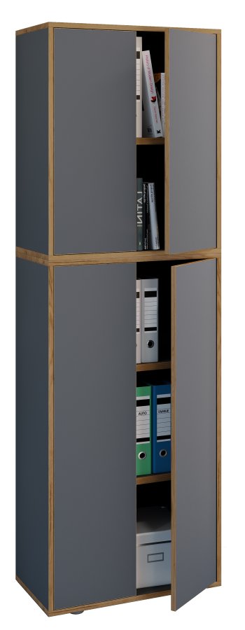 VCM NORDIC Salia B60 Büroregal mit 4 Türen und 3 verstellbaren Einlegeböden – Anthrazitgrau und Naturholz