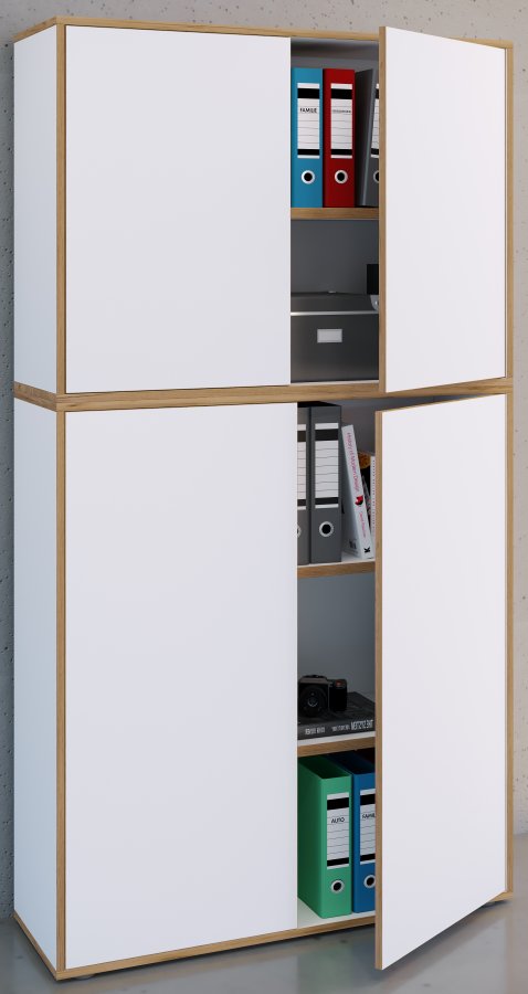 VCM NORDIC Salia B100 Büroregal, mit 4 Türen und 3 verstellbaren Böden - Weiß und Naturholz
