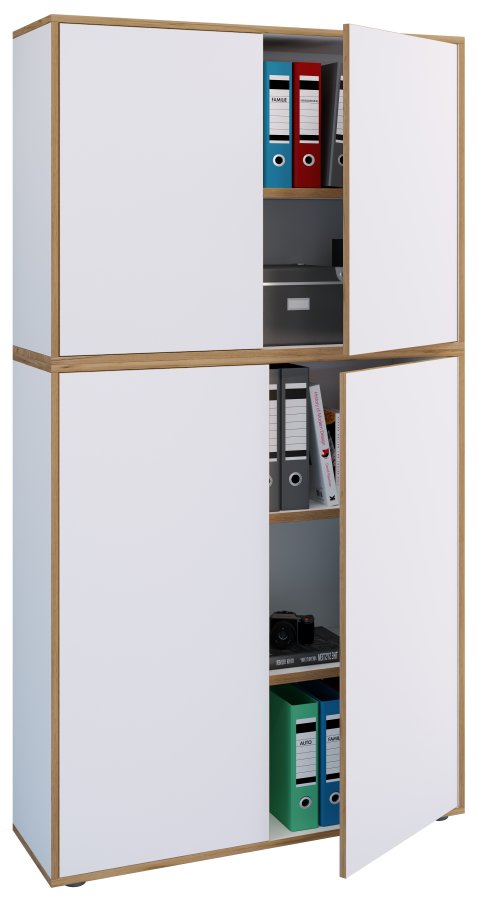 VCM NORDIC Salia B100 Büroregal, mit 4 Türen und 3 verstellbaren Böden - Weiß und Naturholz