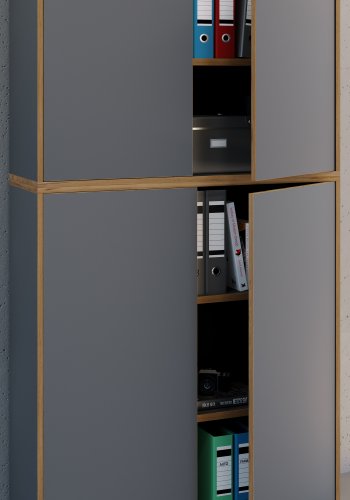 VCM NORDIC Salia B100 Büroregal mit 4 Türen und 3 verstellbaren Einlegeböden – Anthrazitgrau und Naturholz