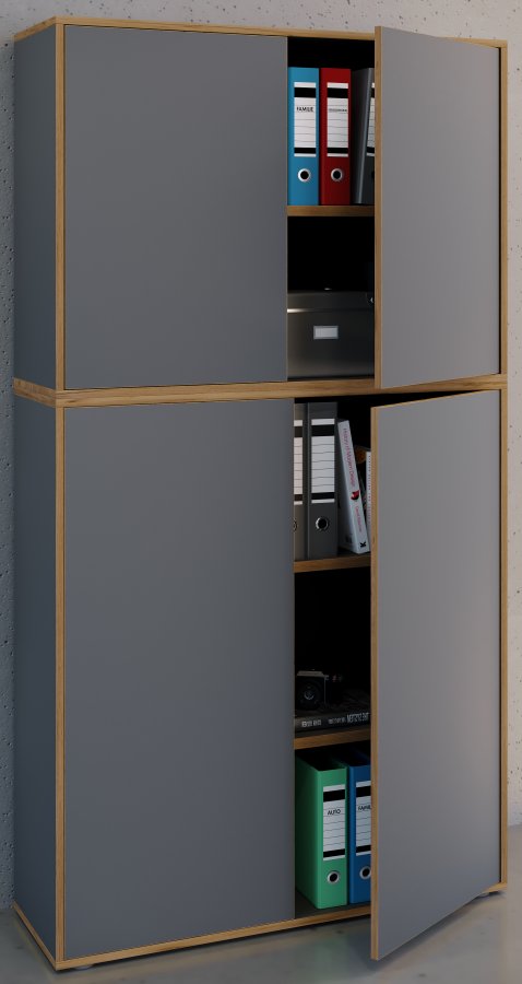 VCM NORDIC Salia B100 Büroregal mit 4 Türen und 3 verstellbaren Einlegeböden – Anthrazitgrau und Naturholz