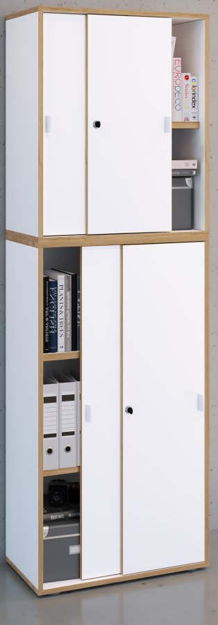 VCM NORDIC Salia B60 Büroregal, mit 4 Schiebetüren, Schloss und 3 verstellbaren Böden - Weiß und Naturholz