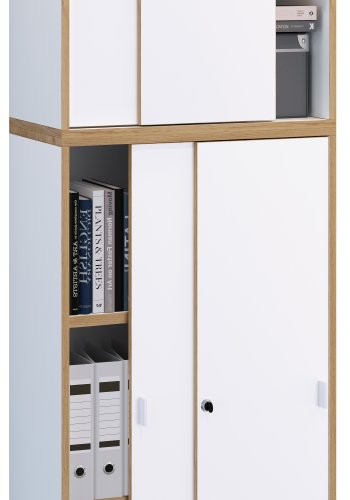 VCM NORDIC Salia B60 Büroregal, mit 4 Schiebetüren, Schloss und 3 verstellbaren Böden - Weiß und Naturholz