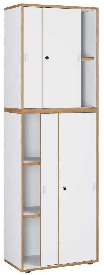 VCM NORDIC Salia B60 Büroregal, mit 4 Schiebetüren, Schloss und 3 verstellbaren Böden - Weiß und Naturholz