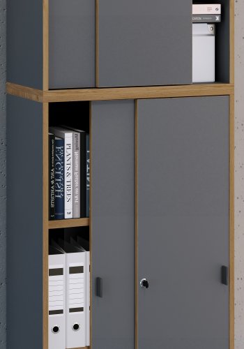 VCM NORDIC Salia B60 Büroregal, mit 4 Schiebetüren, Schloss, 3 verstellbaren Böden - Anthrazitgrau/Naturholz