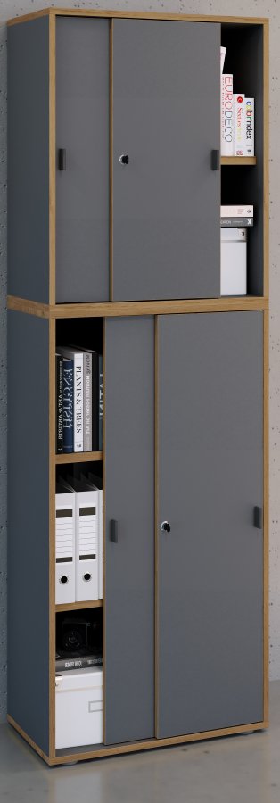 VCM NORDIC Salia B60 Büroregal, mit 4 Schiebetüren, Schloss, 3 verstellbaren Böden - Anthrazitgrau/Naturholz