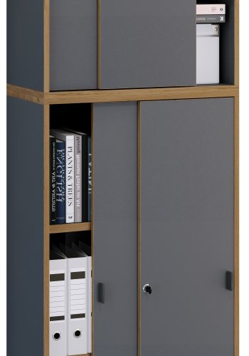 VCM NORDIC Salia B60 Büroregal, mit 4 Schiebetüren, Schloss, 3 verstellbaren Böden - Anthrazitgrau/Naturholz