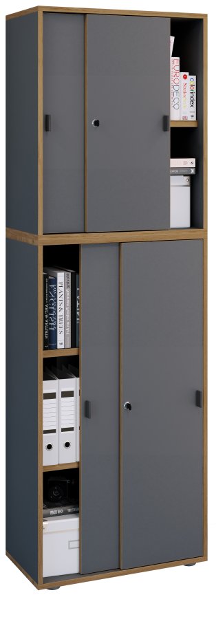 VCM NORDIC Salia B60 Büroregal, mit 4 Schiebetüren, Schloss, 3 verstellbaren Böden - Anthrazitgrau/Naturholz