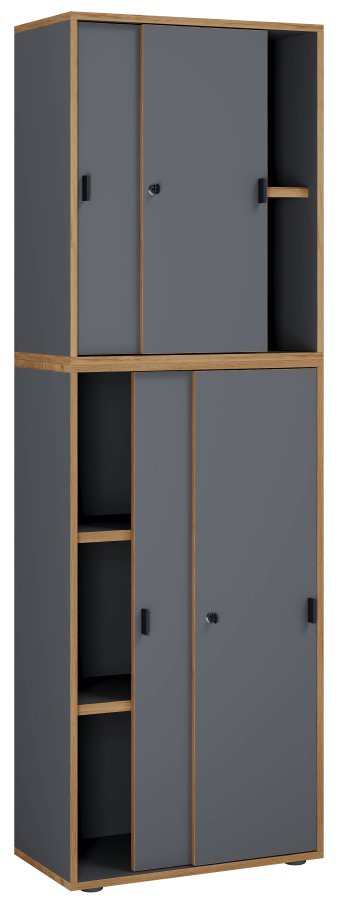 VCM NORDIC Salia B60 Büroregal, mit 4 Schiebetüren, Schloss, 3 verstellbaren Böden - Anthrazitgrau/Naturholz