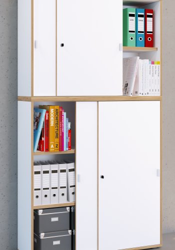 VCM NORDIC Salia B100 Büroregal, mit 4 Schiebetüren, Schloss und 3 verstellbaren Böden - Weiß und Naturholz