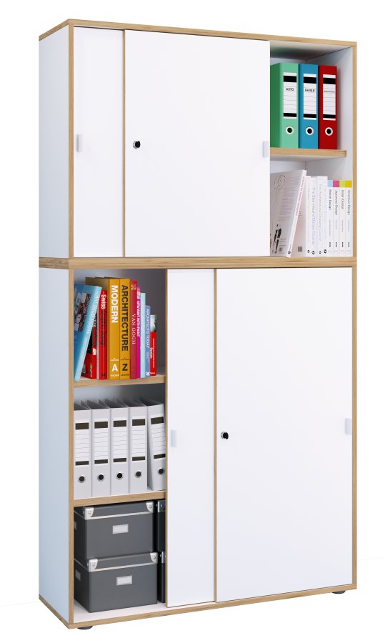 VCM NORDIC Salia B100 Büroregal, mit 4 Schiebetüren, Schloss und 3 verstellbaren Böden - Weiß und Naturholz