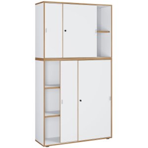 VCM NORDIC Salia B100 kontorbokhylle, m. 4 skyvedrer, ls og 3 justerbare hyller - hvit og naturlig tre