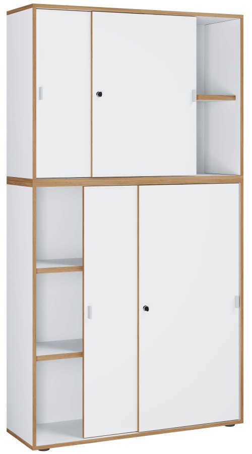 VCM NORDIC Salia B100 Büroregal, mit 4 Schiebetüren, Schloss und 3 verstellbaren Böden - Weiß und Naturholz