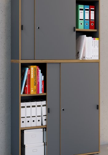 VCM NORDIC Salia B100 kontorbokhylle, m. 4 skyvedrer, ls, 3 justerbare hyller - antrasittgr/naturtre