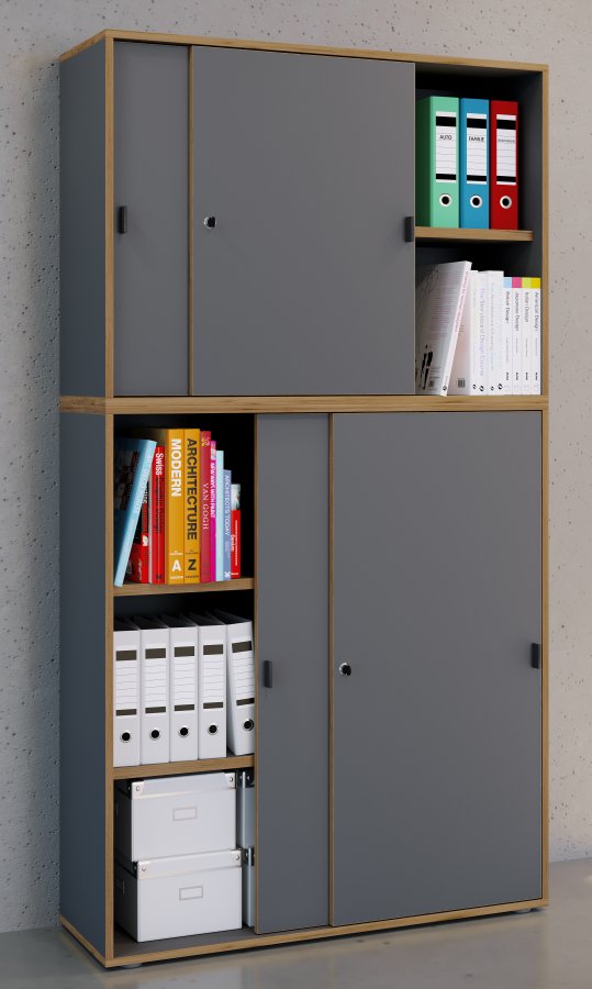 VCM NORDIC Salia B100 kontorbokhylle, m. 4 skyvedrer, ls, 3 justerbare hyller - antrasittgr/naturtre