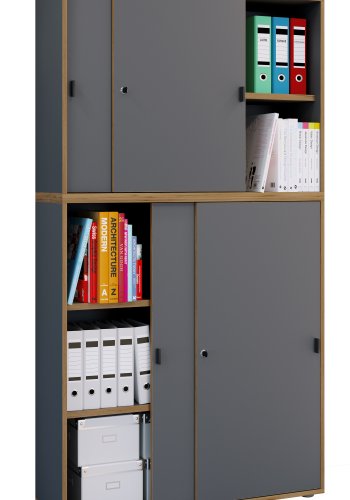 VCM NORDIC Salia B100 kontorbokhylle, m. 4 skyvedrer, ls, 3 justerbare hyller - antrasittgr/naturtre