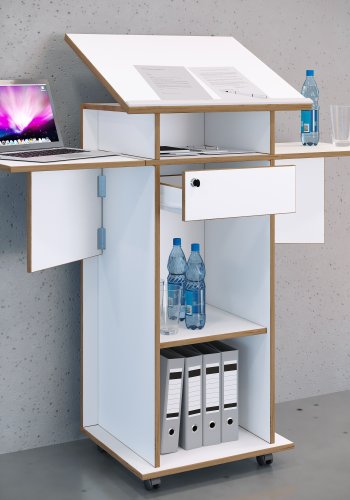 VCM NORDIC Salia M stende skrivebord, justerbar topp, 1 lsbar skuff, hylle, hjul - hvit/naturlig tre