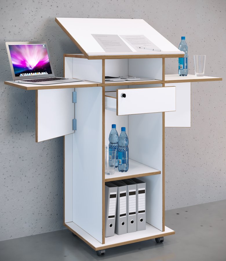 VCM NORDIC Salia M stende skrivebord, justerbar topp, 1 lsbar skuff, hylle, hjul - hvit/naturlig tre