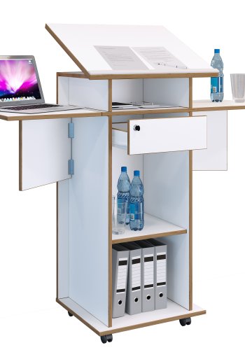 VCM NORDIC Salia M stende skrivebord, justerbar topp, 1 lsbar skuff, hylle, hjul - hvit/naturlig tre