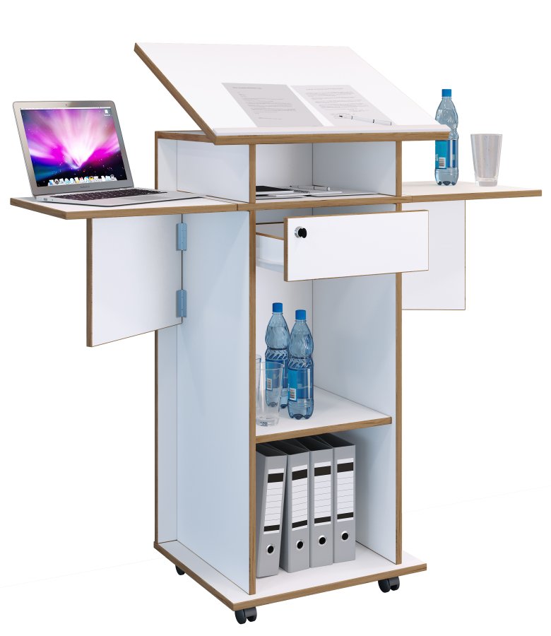 VCM NORDIC Salia M stende skrivebord, justerbar topp, 1 lsbar skuff, hylle, hjul - hvit/naturlig tre