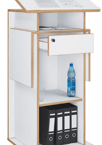 VCM NORDIC Salia M stende skrivebord, justerbar topp, 1 lsbar skuff, hylle, hjul - hvit/naturlig tre