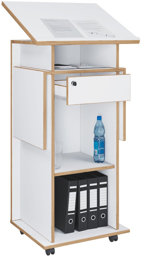 VCM NORDIC Salia M stende skrivebord, justerbar topp, 1 lsbar skuff, hylle, hjul - hvit/naturlig tre