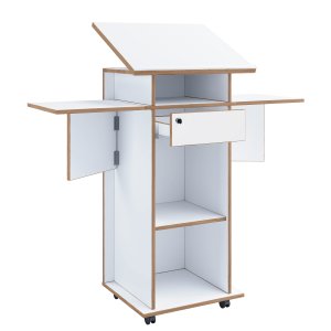 VCM NORDIC Salia M stende skrivbord, justerbar skiva, 1 lsbar lda, hylla, hjul - vitt/naturligt tr